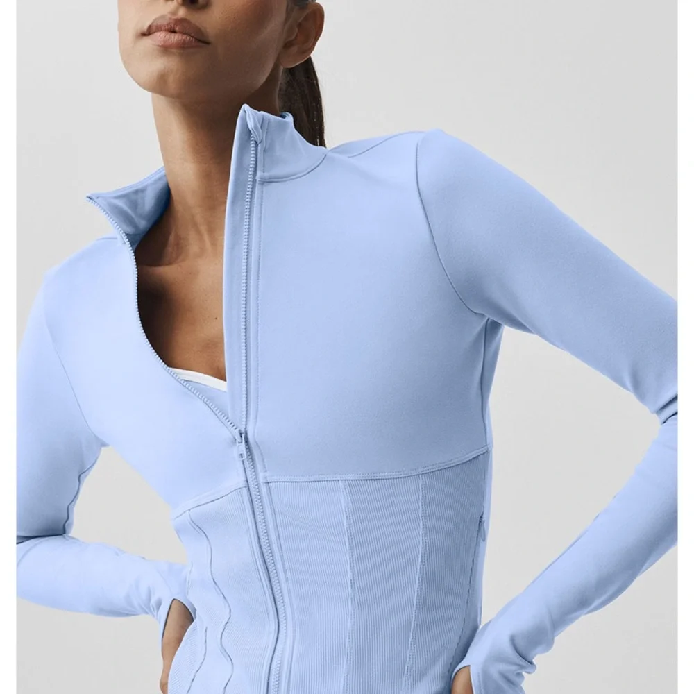 ALO Yoga Sky Blue Ruched V-Neck Sports Bra